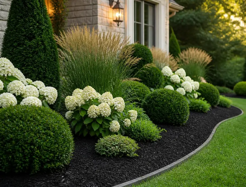 Newly installed residential landscape bed with shrubs and mulch