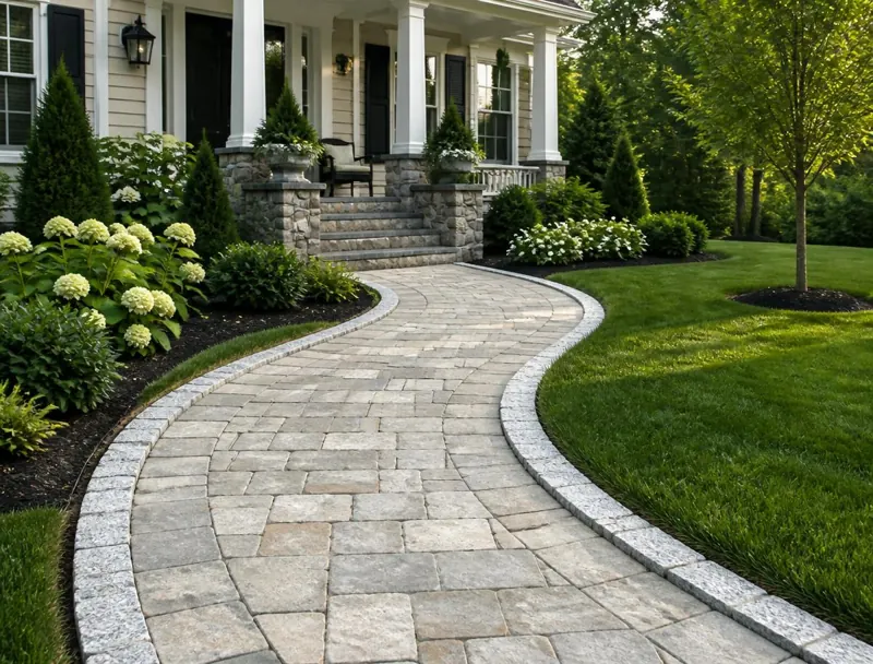 Paver walkway and stone edging in a residential landscape